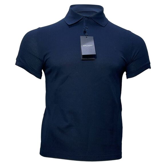 Saint Laurent Cassandre Embroidered-Logo Polo Shirt in Navy Blue Cotton